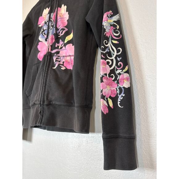 Y2K Lucky Brand Asian Floral Full Zip Hoodie Small Grunge Cherry Blossoms Black - Picture 3 of 9